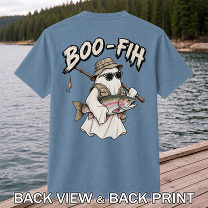 Boo-Fih Ghost Holding Rainbow Trout Halloween Fishing T-Shirt | Back Print