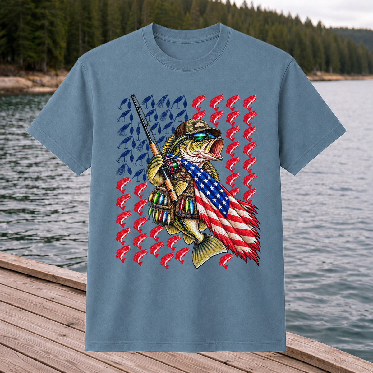 Patriotic Bass Fishing Graphic T-Shirt with American Flag Design