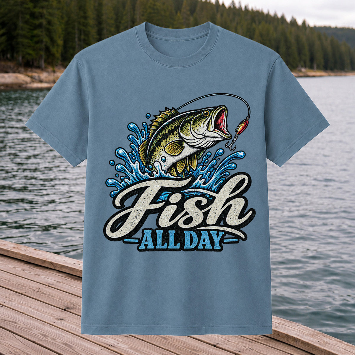 Fish All Day Jumping Bass Fishing Graphic T-Shirt
