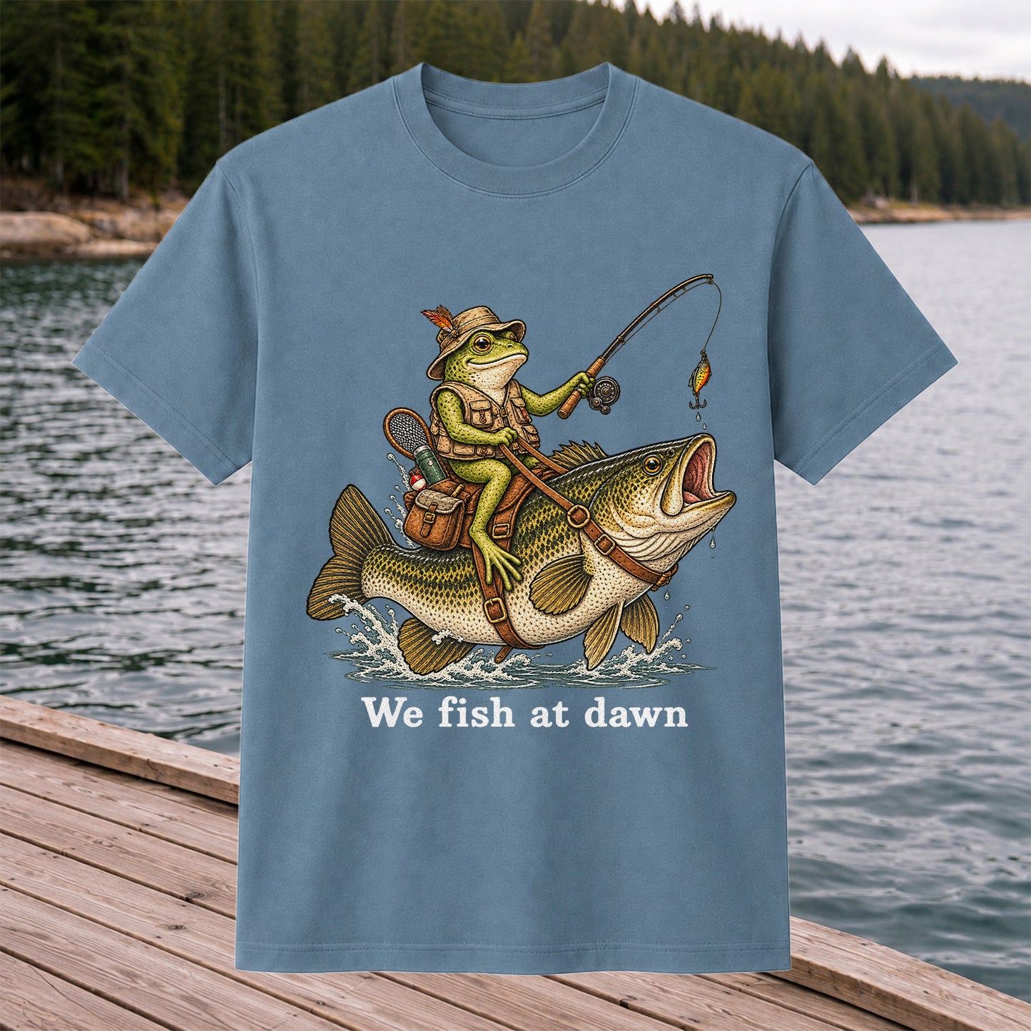 We Fish at Dawn Frog Riding Largemouth Bass Funny Fishing T-Shirt