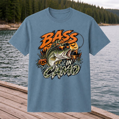 Bass in Camo Halloween Pumpkin Bass Fishing Graphic T-Shirt