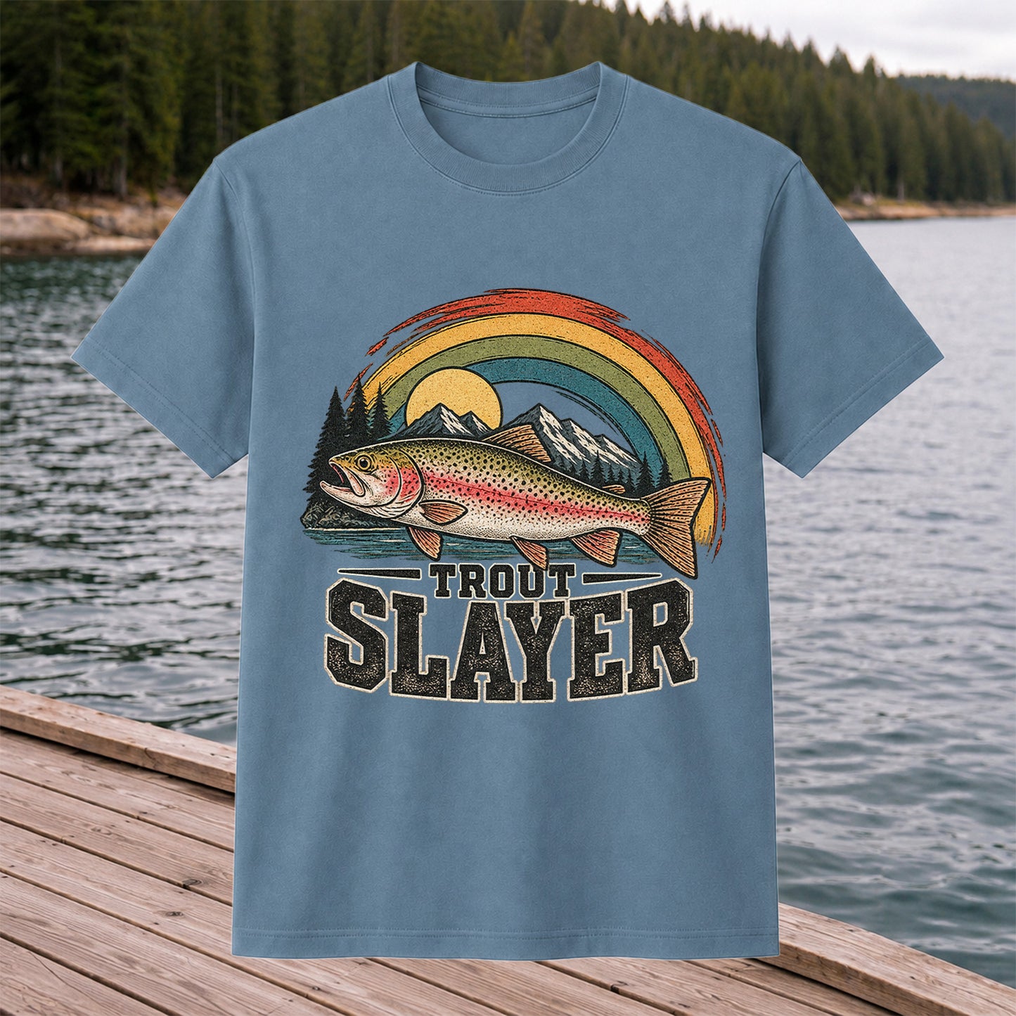 Trout Slayer Rainbow Trout Mountain Fishing Graphic T-Shirt
