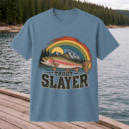 Trout Slayer Rainbow Trout Mountain Fishing Graphic T-Shirt