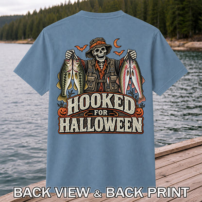 Hooked for Halloween Skeleton Angler with Bass and Trout Fishing T-Shirt | Back Print