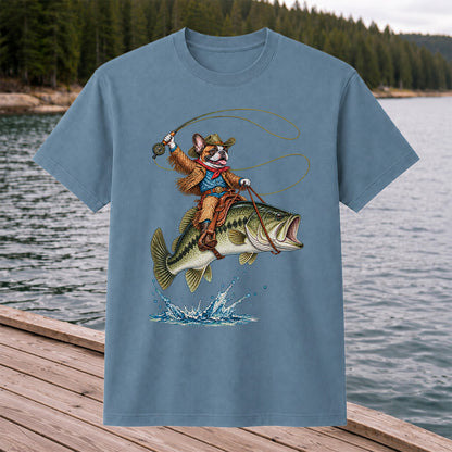 French Bulldog Cowboy Riding a Bass Fishing Graphic T-Shirt
