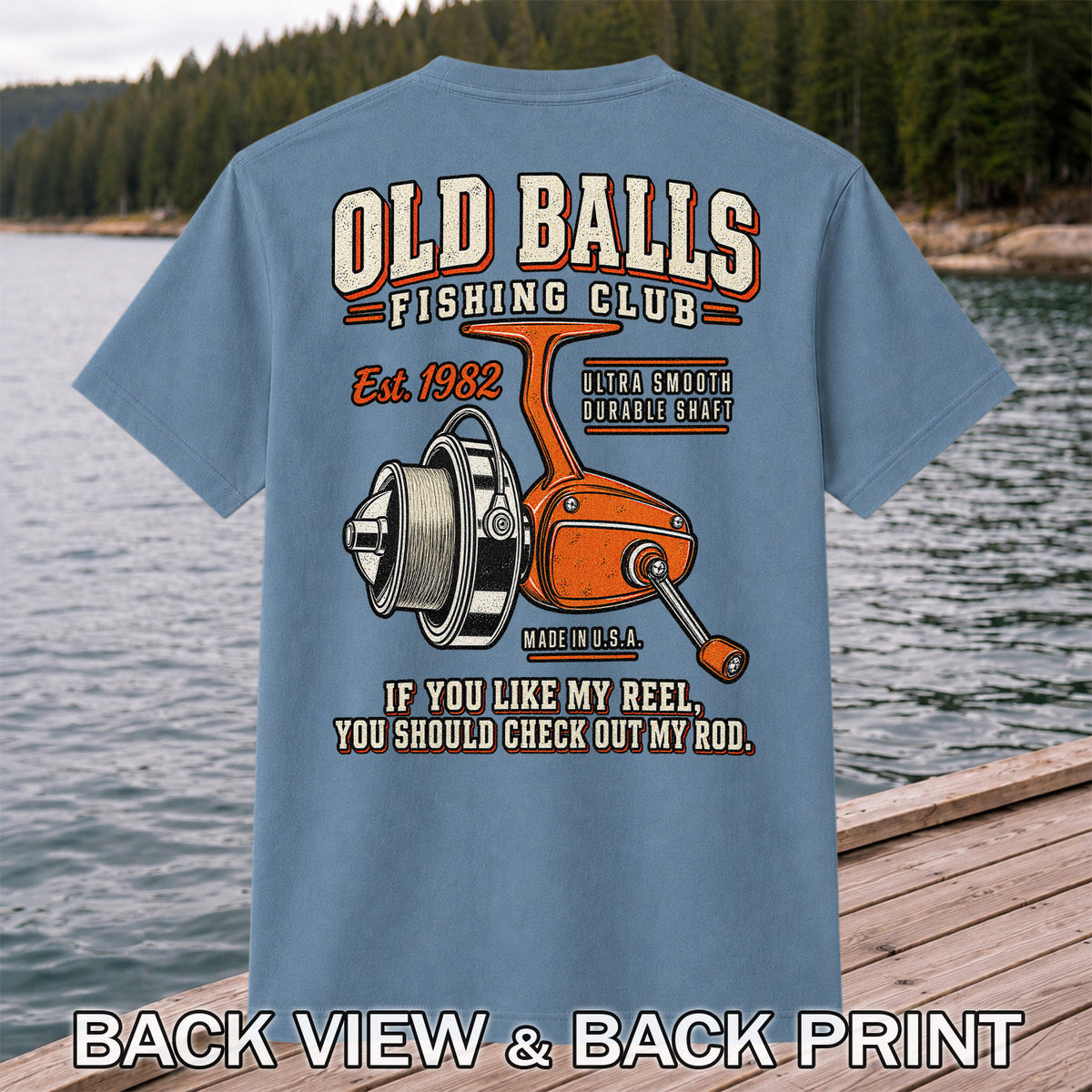 Old Balls Fishing Club Vintage Spinning Reel Graphic T-Shirt | Back Print