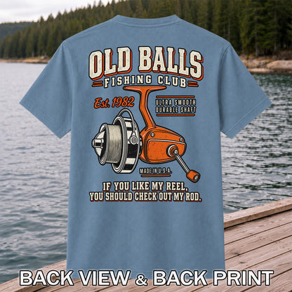 Old Balls Fishing Club Vintage Spinning Reel Graphic T-Shirt | Back Print