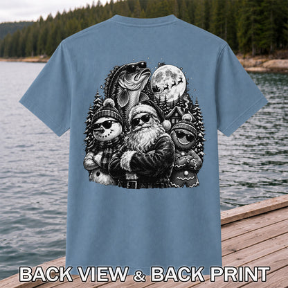 Santa Snowman Gingerbread and Bass Christmas Fishing T-Shirt | Back Print