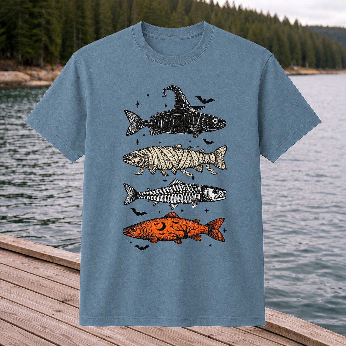 Halloween Witch Mummy Skeleton and Pumpkin Fish Graphic T-Shirt