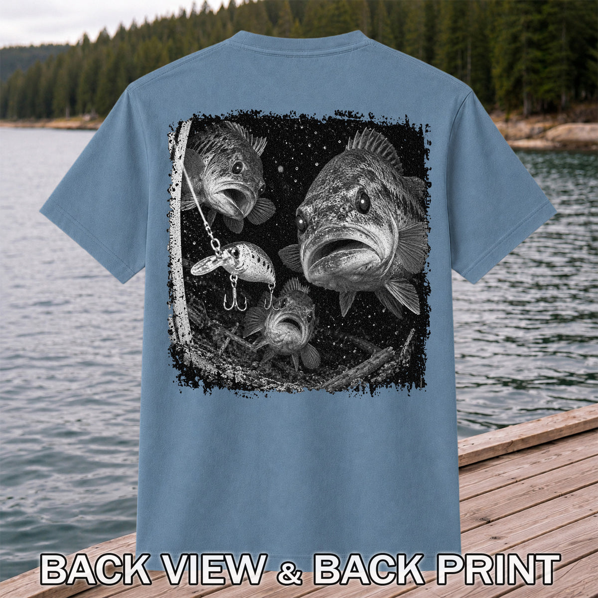 Vintage Bass Fishing Graphic T-Shirt with Underwater Fish Artwork | Back Print