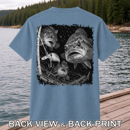 Vintage Bass Fishing Graphic T-Shirt with Underwater Fish Artwork | Back Print