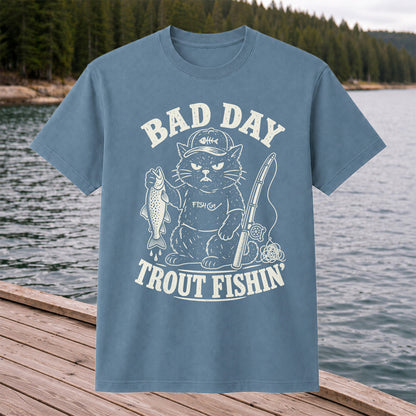 Bad Day Trout Fishin' Fish On Grumpy Black Cat Funny Fishing T-Shirt