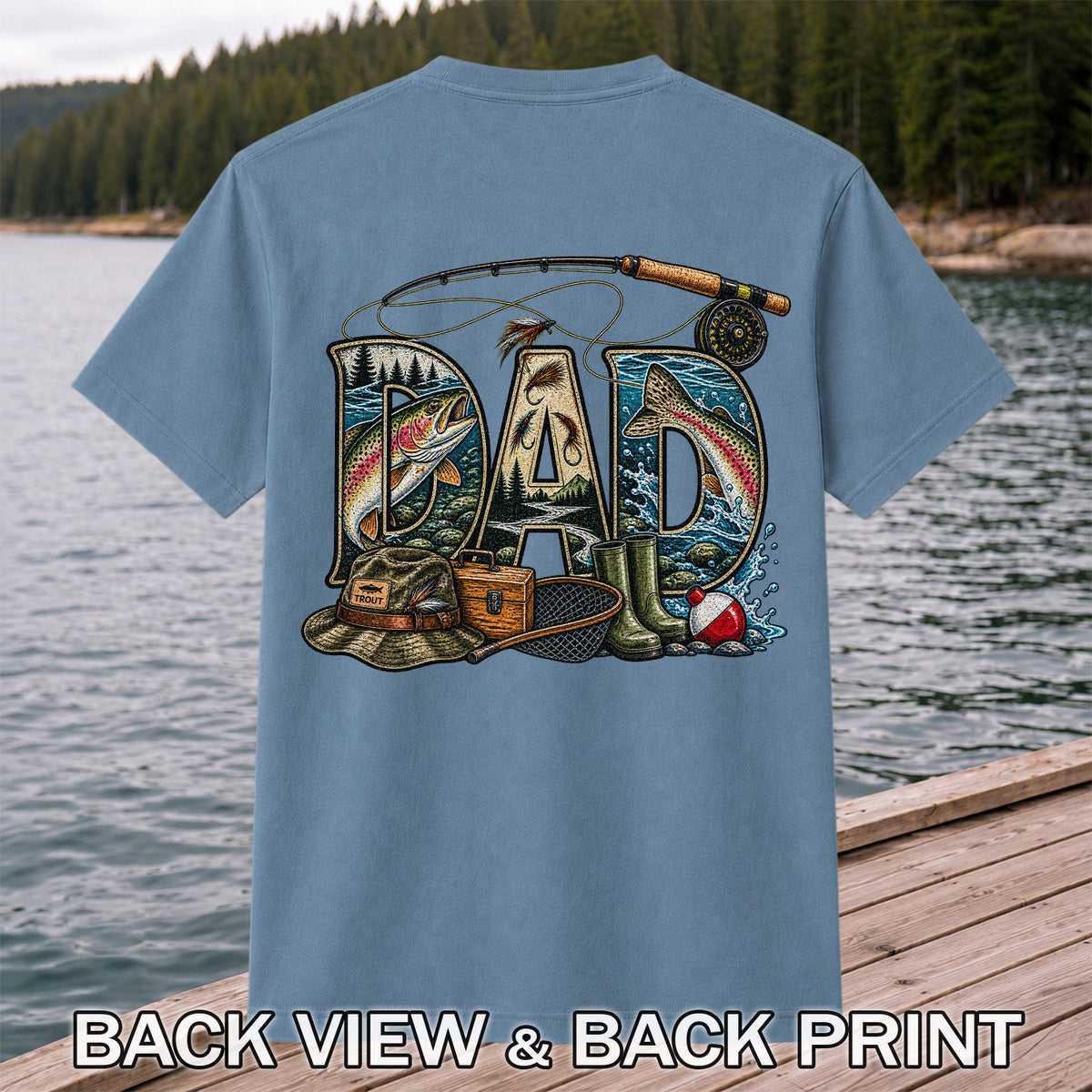 Dad Rainbow Trout Fly Fishing Vintage Graphic T-Shirt | Back Print