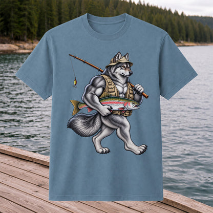 Wolf Angler Holding Rainbow Trout Fishing Graphic T-Shirt