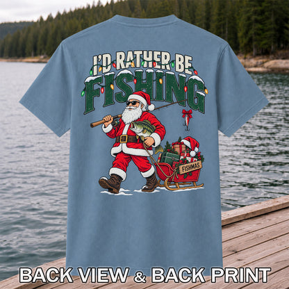 Santa Fishing with Bass Christmas Graphic T-Shirt | Back Print