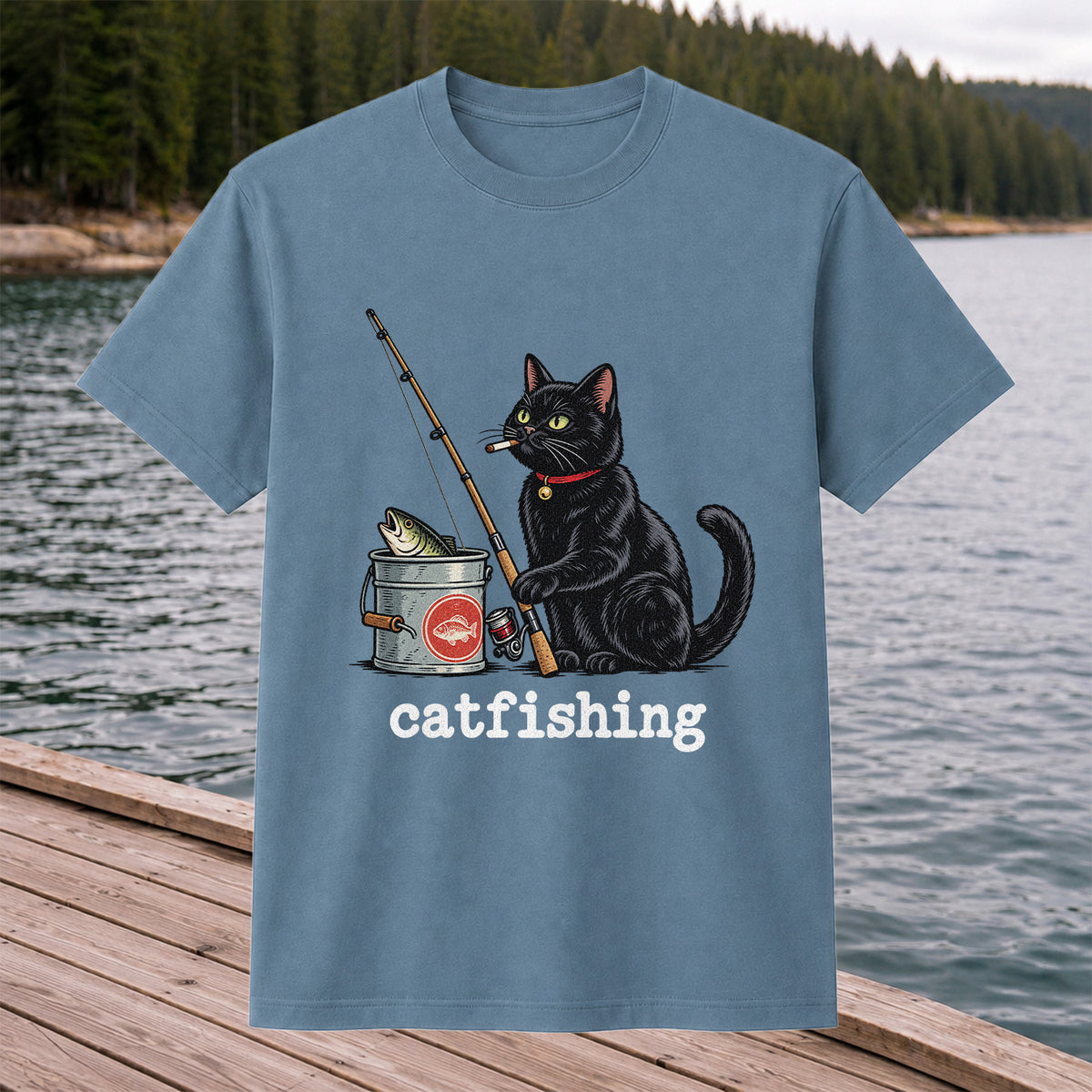 Catfishing Funny Black Cat with Fishing Rod Graphic T-Shirt