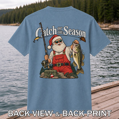 Catch of the Season Santa Bass Fishing Christmas T-Shirt | Back Print
