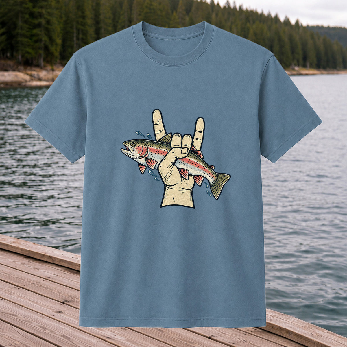 Rainbow Trout Rock On Hand Gesture Fishing Graphic T-Shirt
