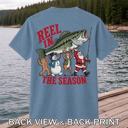 Reel in the Season Bass Christmas Fishing Graphic T-Shirt | Back Print