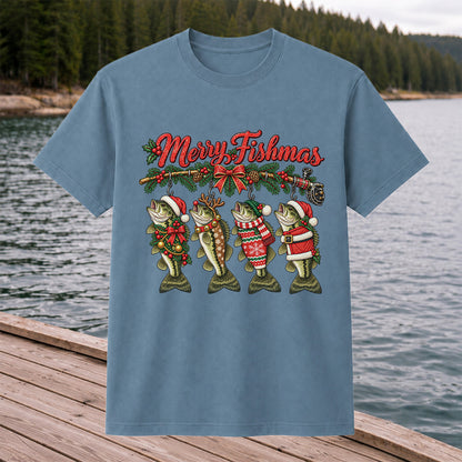 Merry Fishmas Christmas Bass Fishing Graphic T-Shirt