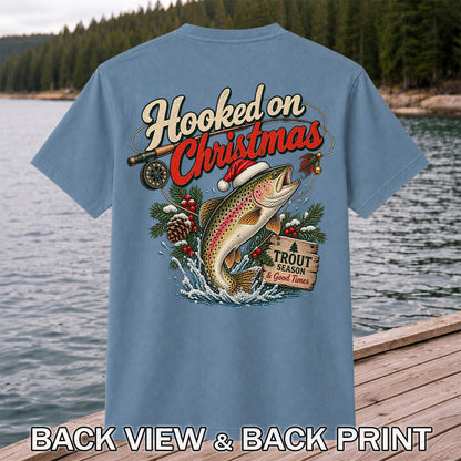 Hooked on Christmas Rainbow Trout in Santa Hat Fishing T-Shirt | Back Print