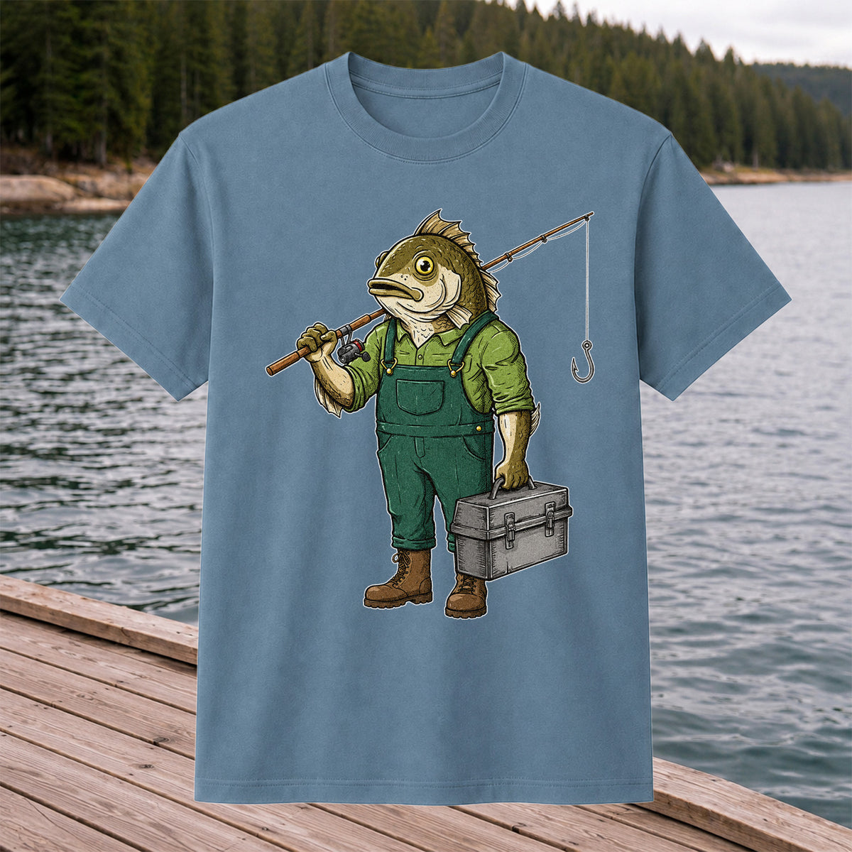 Funny Bass Fisherman Carrying Tackle Box Graphic T-Shirt
