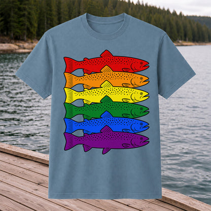 Rainbow Colored Trout Stack Fishing Graphic T-Shirt
