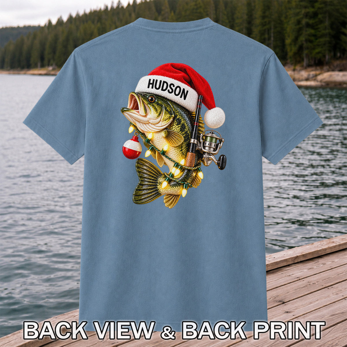 Hudson Santa Hat Bass Christmas Fishing Graphic T-Shirt | Back Print