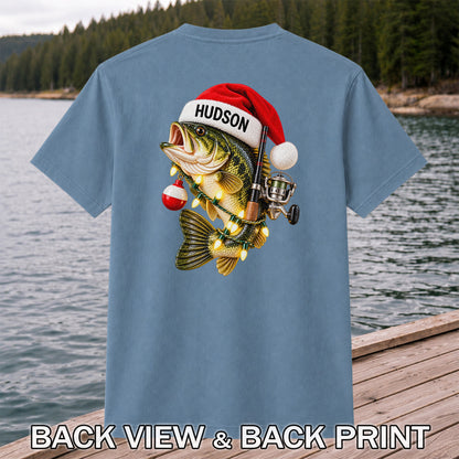 Hudson Santa Hat Bass Christmas Fishing Graphic T-Shirt | Back Print