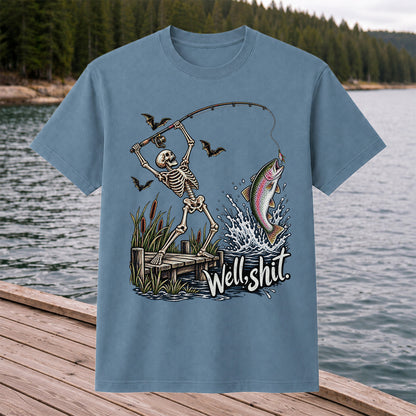 Well Shit Skeleton Catching a Rainbow Trout Funny Fishing T-Shirt