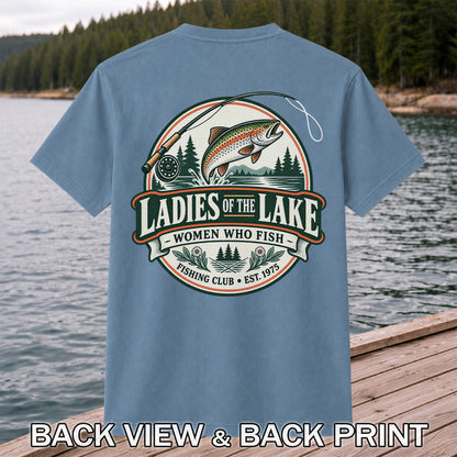 Ladies of the Lake Women Who Fish Rainbow Trout Fishing T-Shirt | Back Print