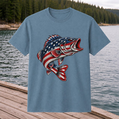 American Flag Largemouth Bass Patriotic Fishing Graphic T-Shirt