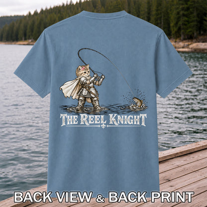 The Reel Knight Cat in Armor Funny Fishing Graphic T-Shirt | Back Print