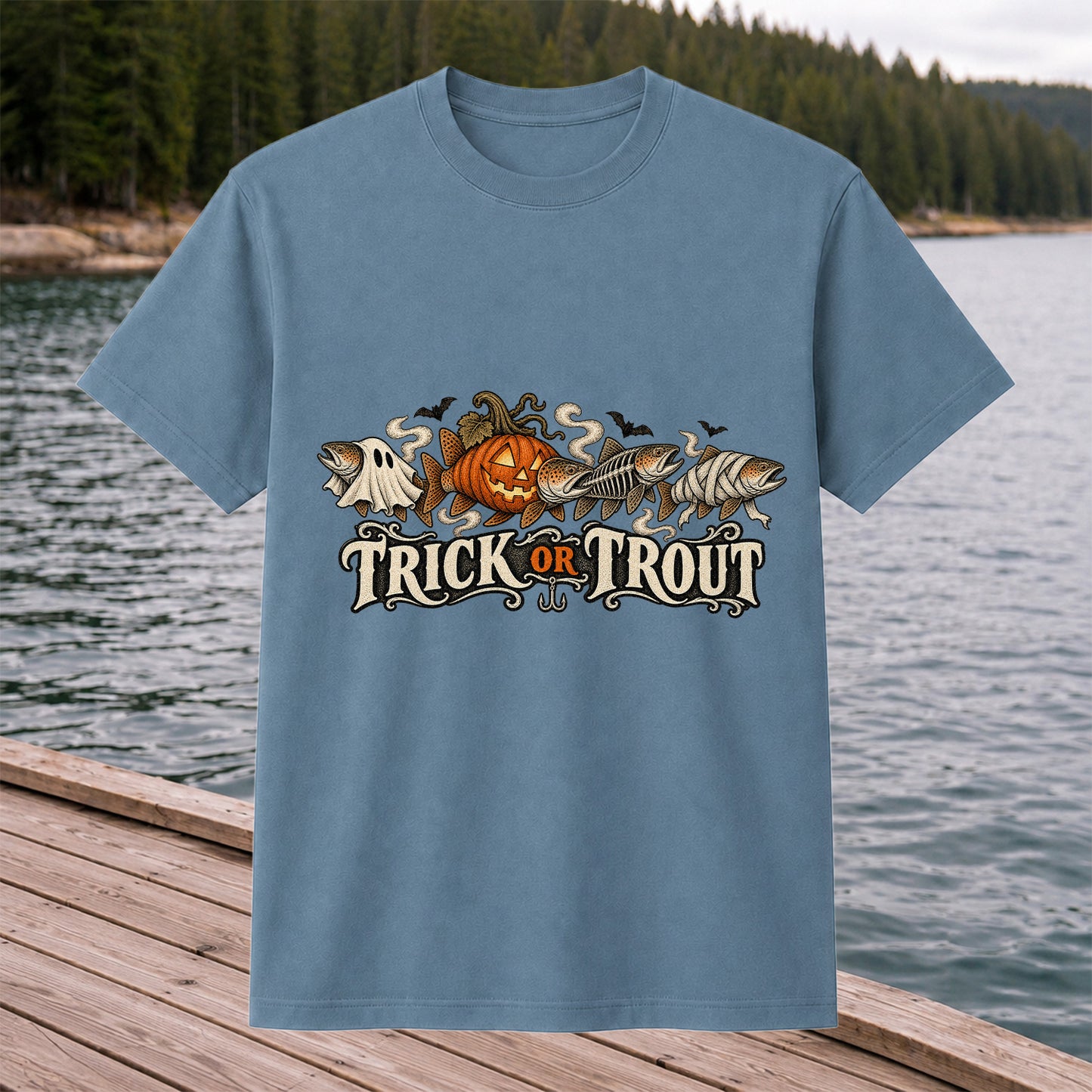 Trick or Trout Halloween Fish Lineup Fishing T-Shirt