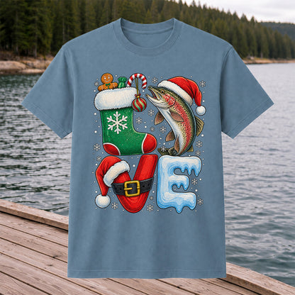 Christmas LOVE Rainbow Trout and Stocking Fishing Graphic T-Shirt