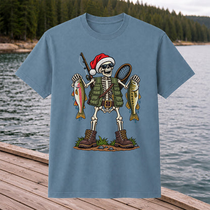 Santa Hat Skeleton Holding Trout and Bass Christmas Fishing T-Shirt