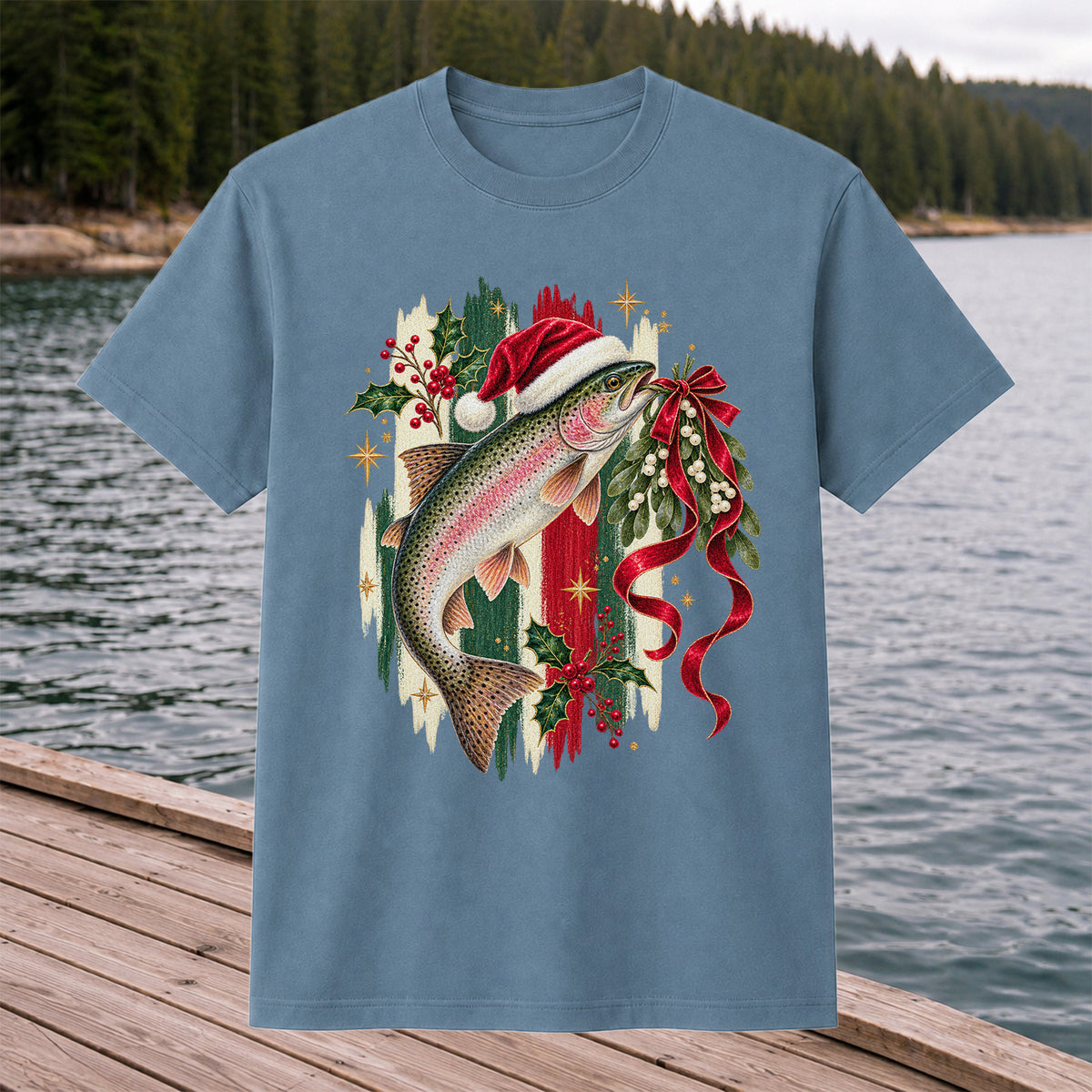 Christmas Santa Hat Rainbow Trout Fishing Graphic T-Shirt