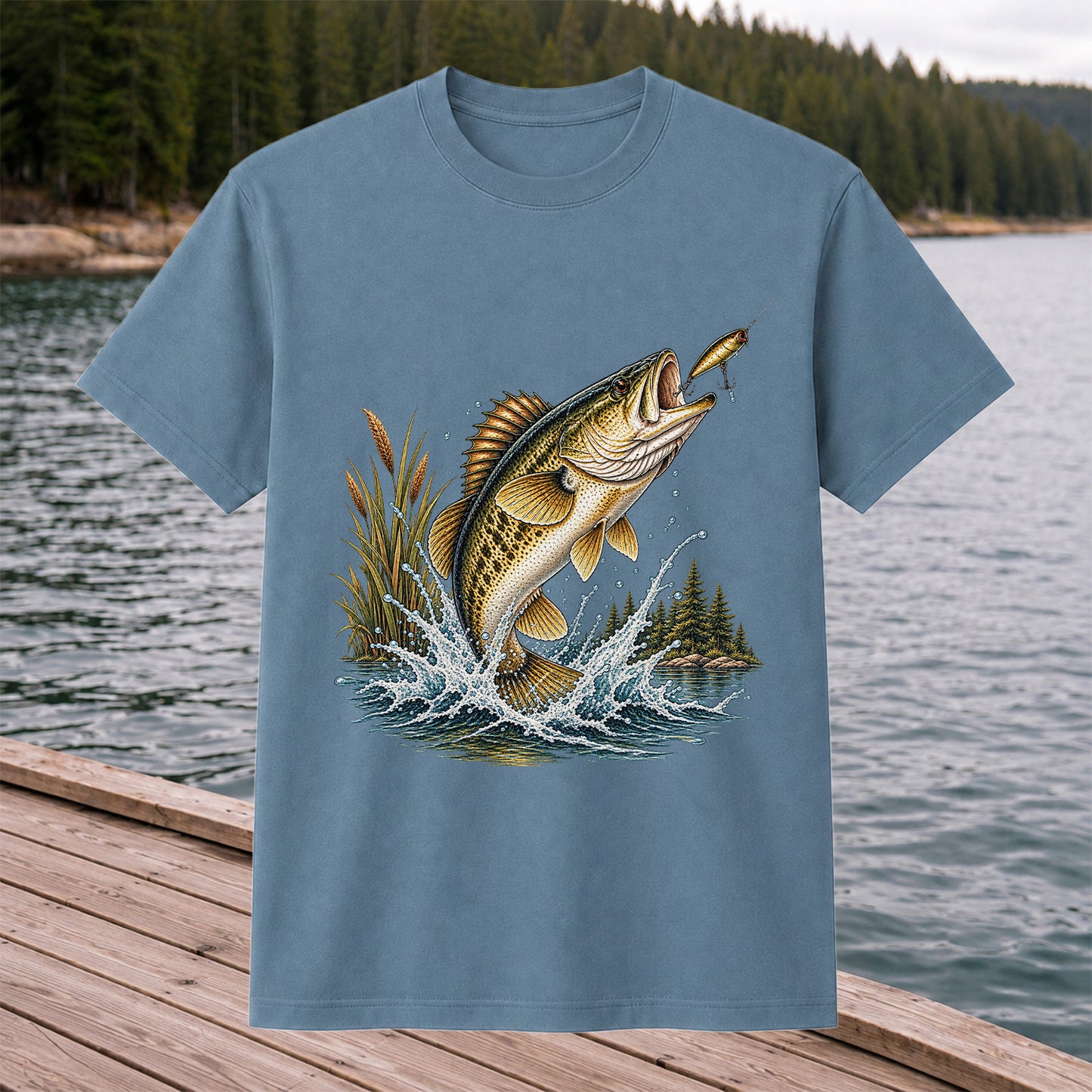 Jumping Bass Chasing a Lure Lake Fishing Graphic T-Shirt