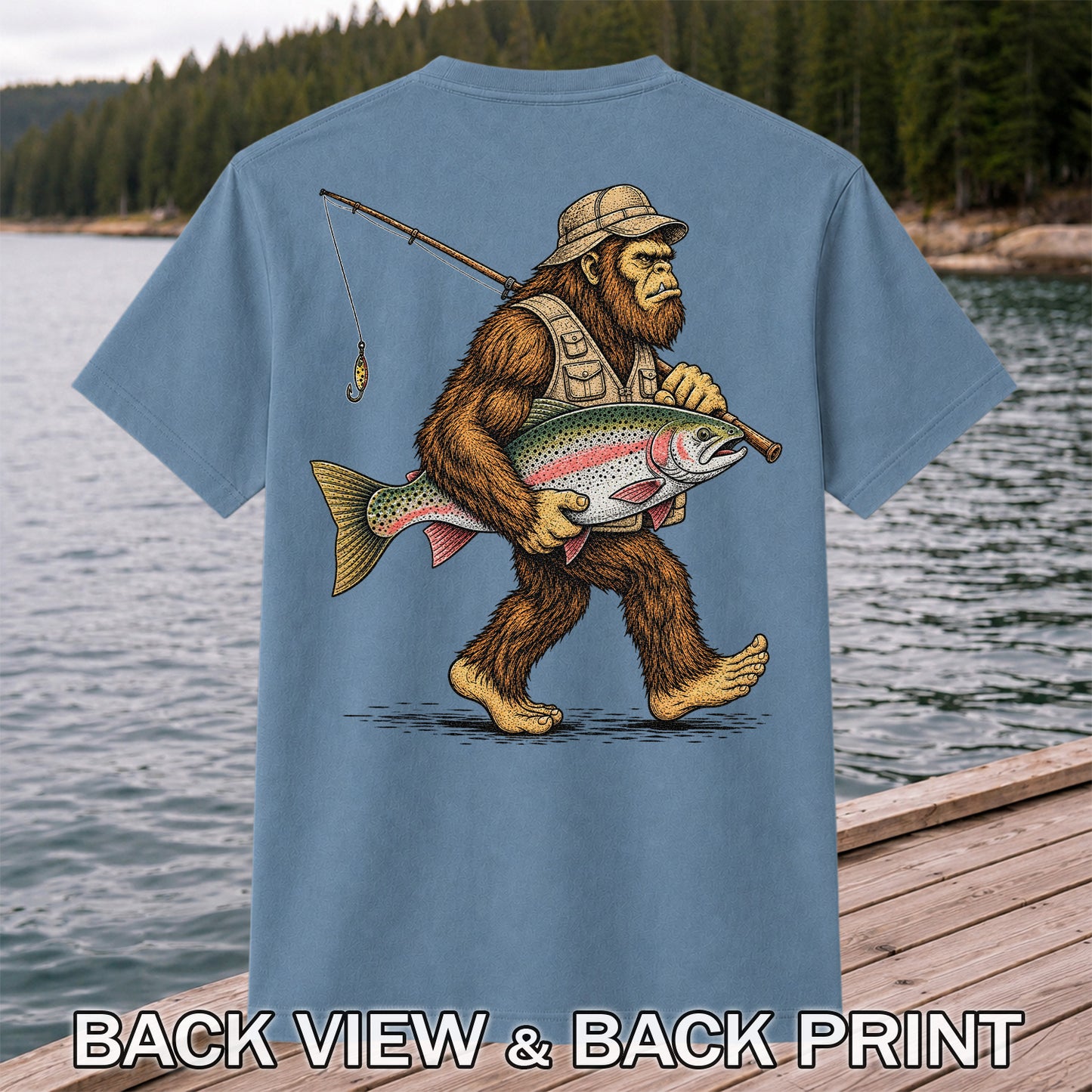 Bigfoot Carrying a Rainbow Trout and Fishing Rod Graphic T-Shirt | Back Print
