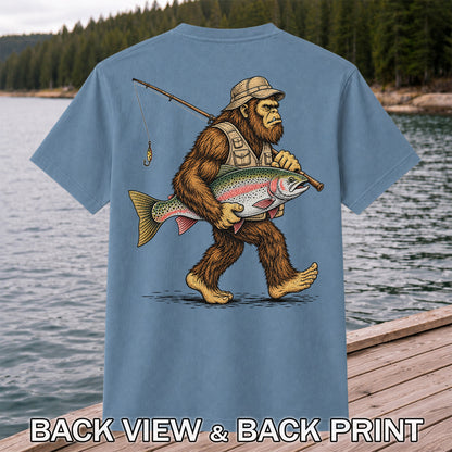 Bigfoot Carrying a Rainbow Trout and Fishing Rod Graphic T-Shirt | Back Print
