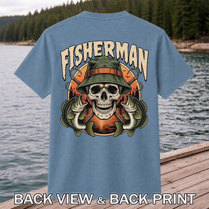 Fisherman Skull with Bucket Hat and Bass Fishing Graphic T-Shirt | Back Print