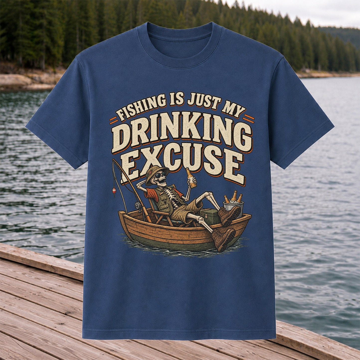Fishing Is Just My Drinking Excuse Skeleton Angler T-Shirt