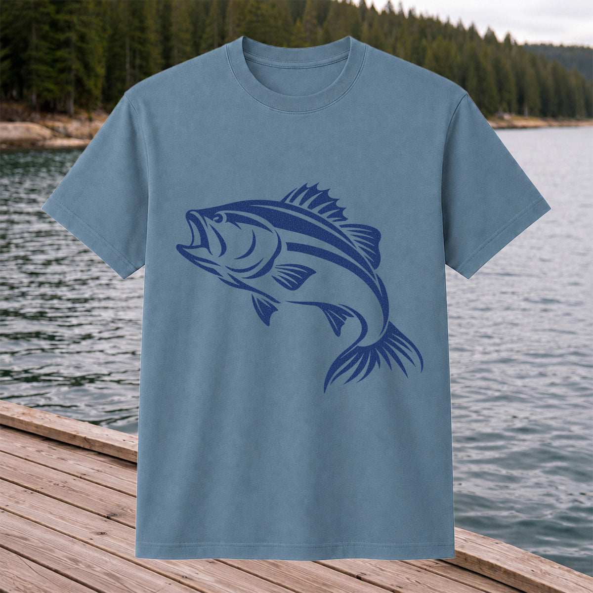 Blue Bass Fishing Line Art Graphic T-Shirt