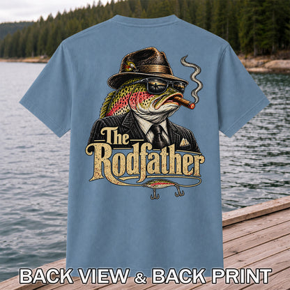 The Rodfather Rainbow Trout Gangster Funny Fishing T-Shirt | Back Print
