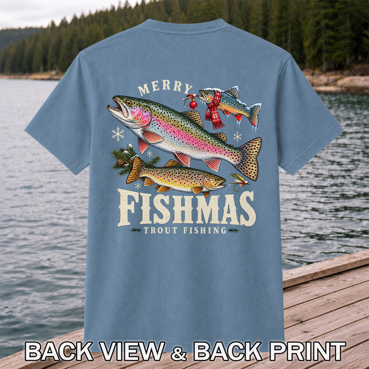Merry Fishmas Trout Fishing Christmas Graphic T-Shirt | Back Print