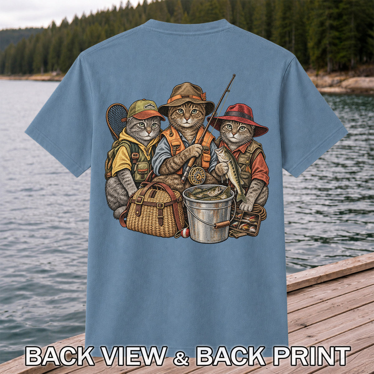 Three Fishing Cats with Rod and Catch Vintage Graphic T-Shirt | Back Print