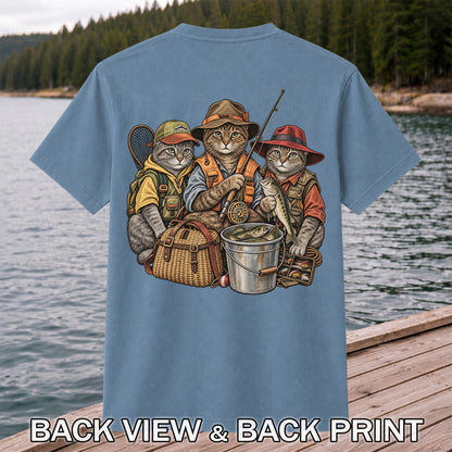 Three Fishing Cats with Rod and Catch Vintage Graphic T-Shirt | Back Print