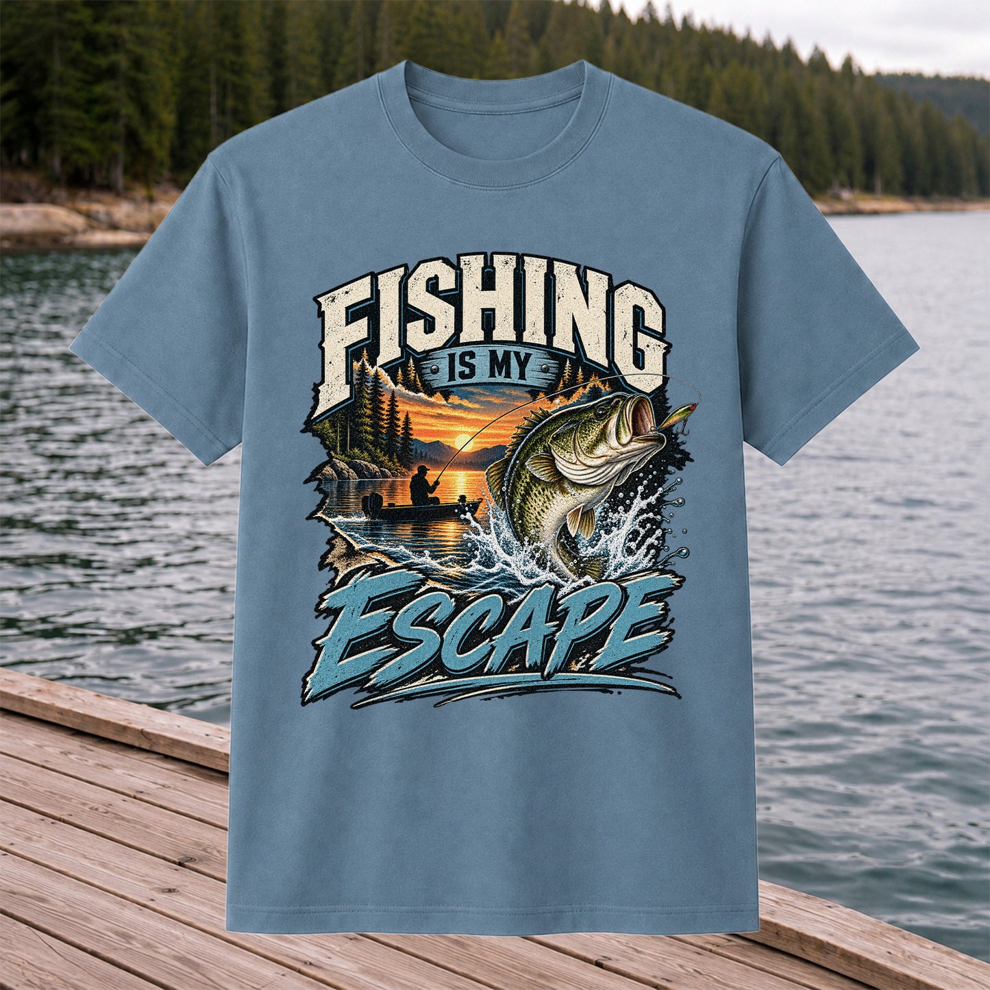 Fishing Is My Escape Jumping Bass and Sunset Lake Graphic T-Shirt