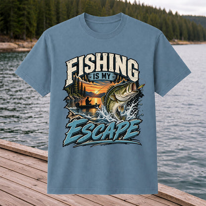 Fishing Is My Escape Jumping Bass and Sunset Lake Graphic T-Shirt