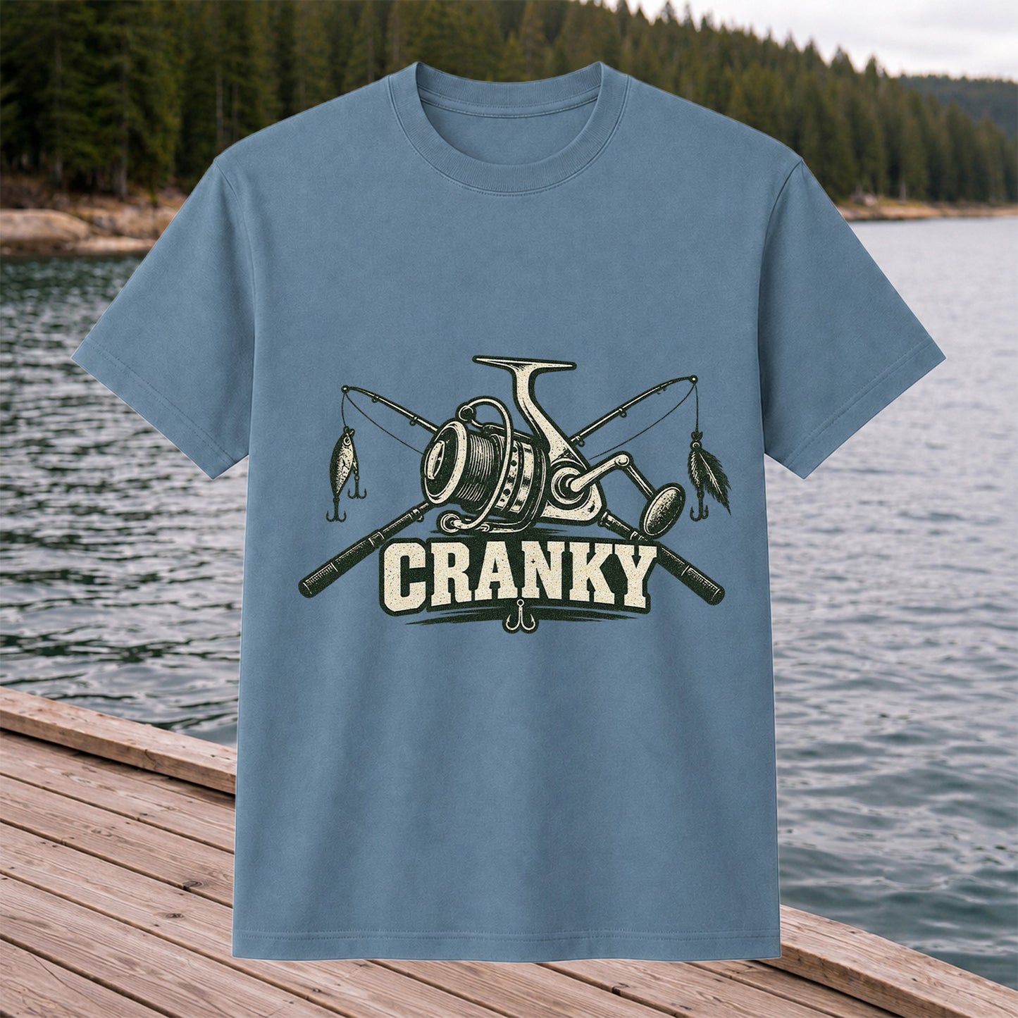 Cranky Fishing Reel and Crossed Rods Graphic T-Shirt